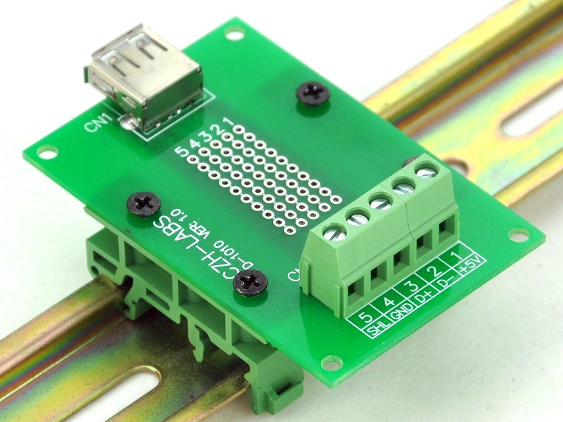 CZH-LABS USB Type A Female Right Angle Jack Breakout Board, w/Simple DIN Rail Mount Feet.