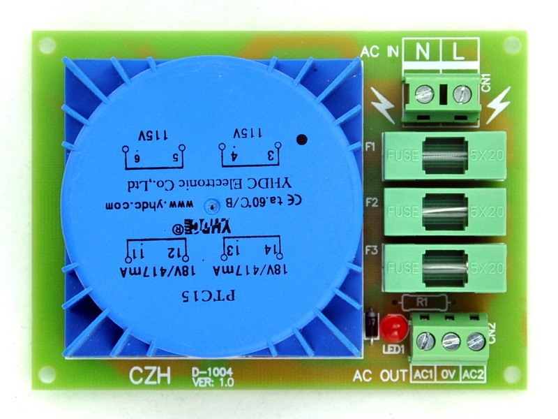 CZH P 230VAC, S 2x 18VAC, 15VA DIN Rail Mount Toroidal Power Transformer Module.