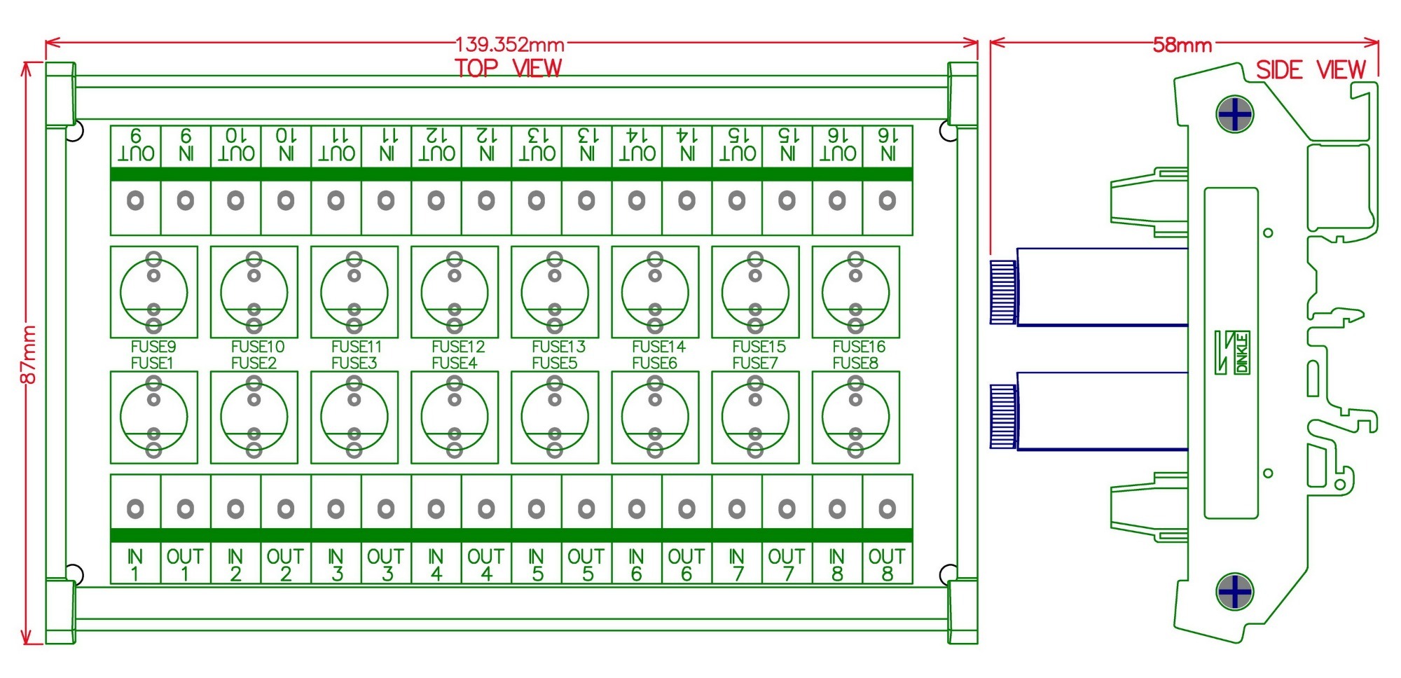 Electronics-Salon 16 Channel Fuse Interface Module, Din Rail Mount, for 5x20mm Tube Fuse.