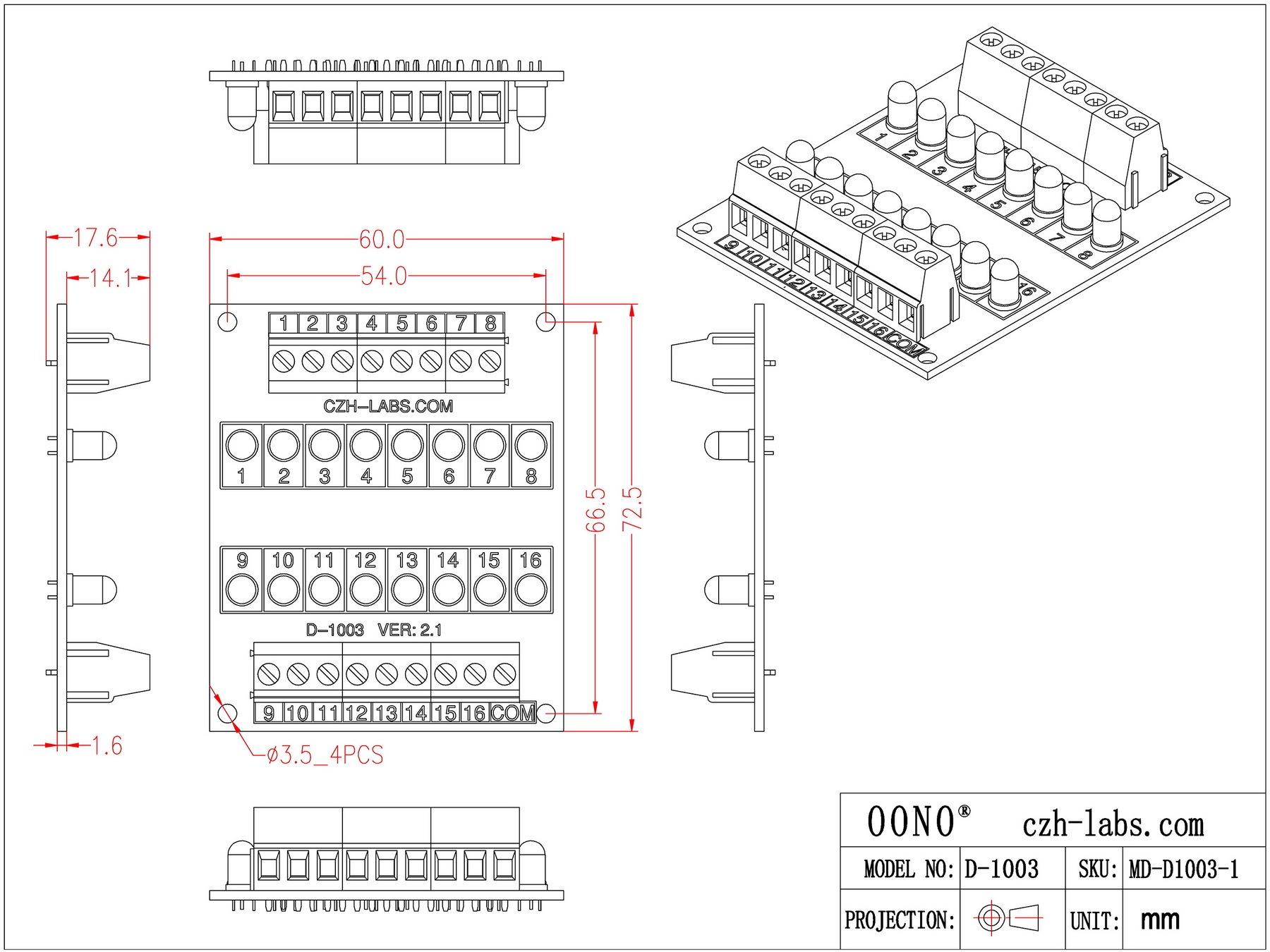 16 LEDs Indicator Light Board, Blue, Support 5~50VDC Common Positive/Negative