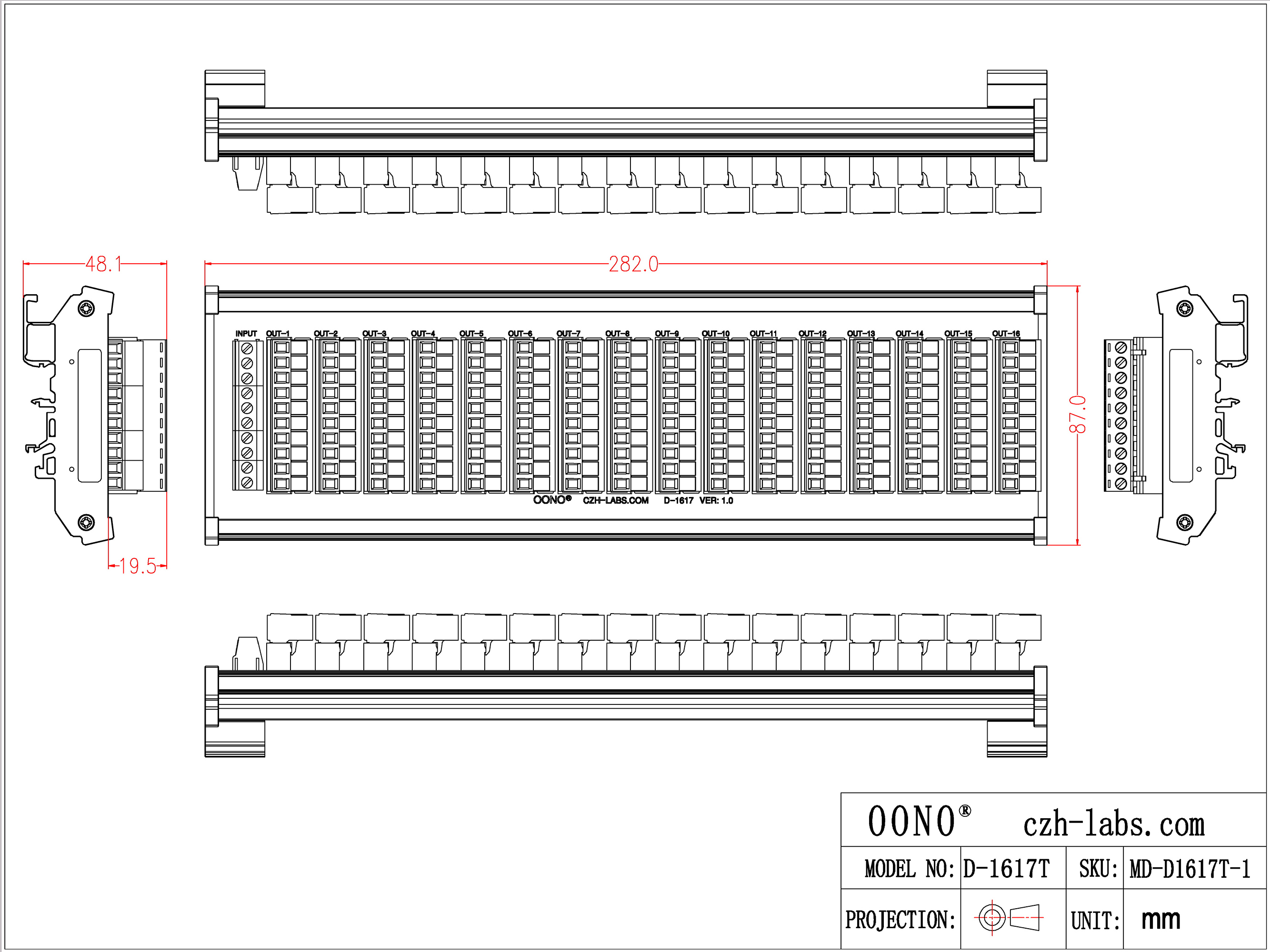 DIN Rail Mount 10A/300V 16x10 Pole Pluggable Screw Terminal Block Distribution Module