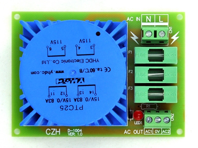 CZH P 230VAC, S 2x 15VAC, 25VA DIN Rail Mount Toroidal Power Transformer Module.