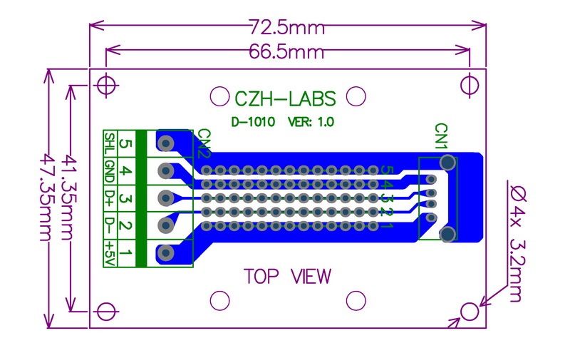 CZH-LABS USB Type A Female Vertical Jack Breakout Board, Terminal Block Connector.
