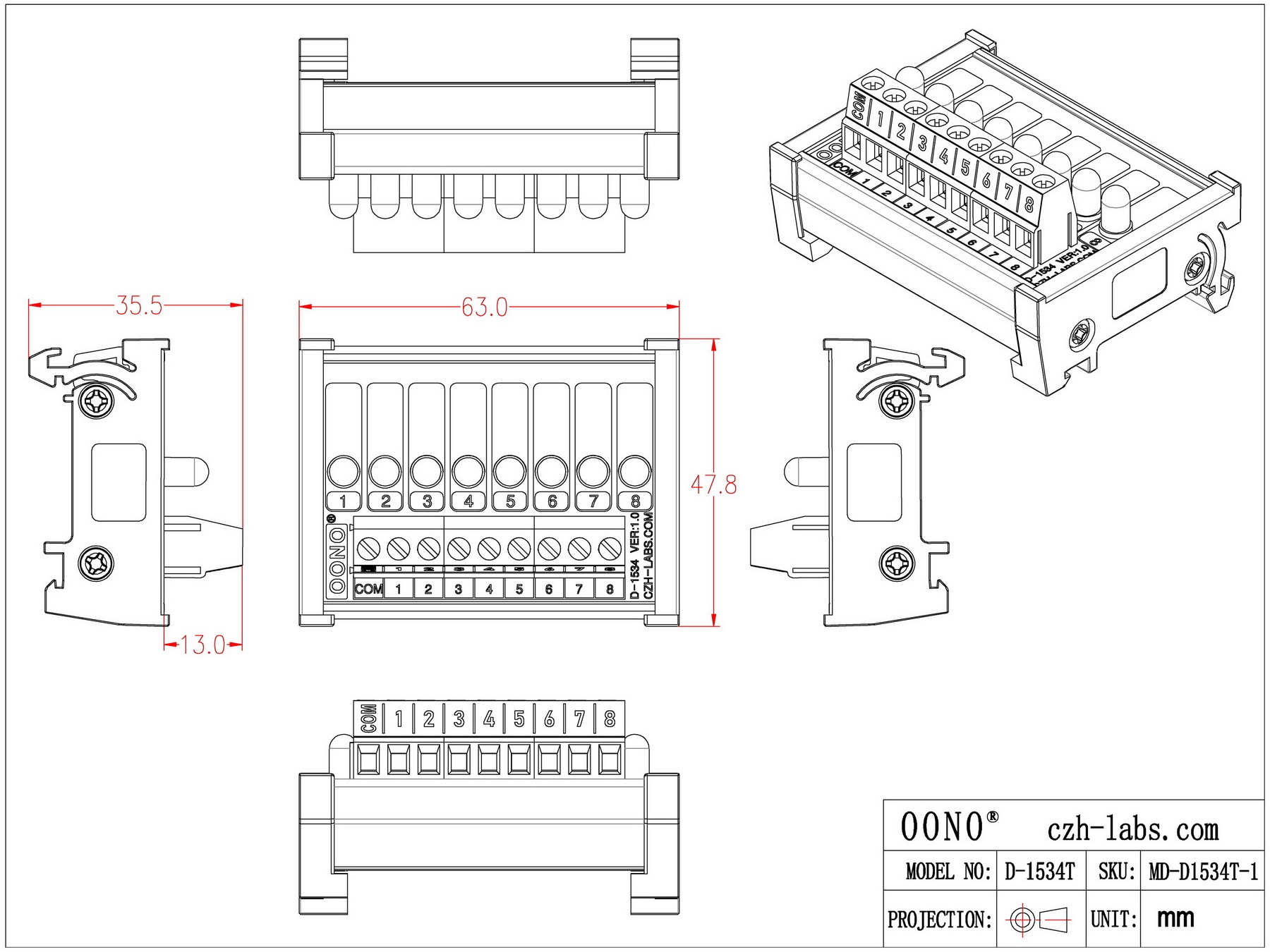 DIN Rail Mount 8 Yellow LED Indicator Light Module, Support 5-50VDC Common Positive and Negative