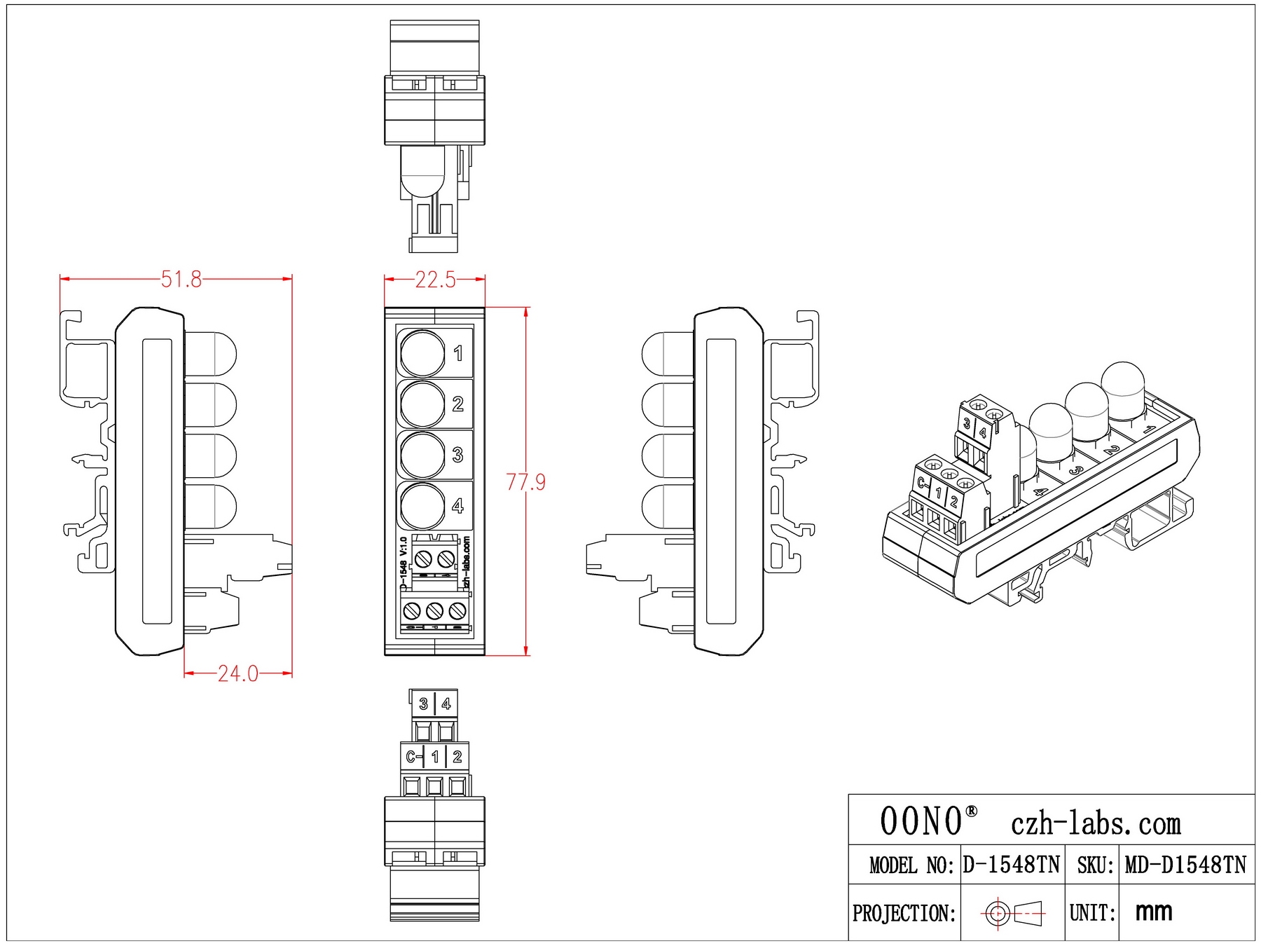 DIN Rail Mount DC 5-32V Common Negative 4 Colors 10mm LED Indicator Light Module, Red-Green-Blue-Yellow