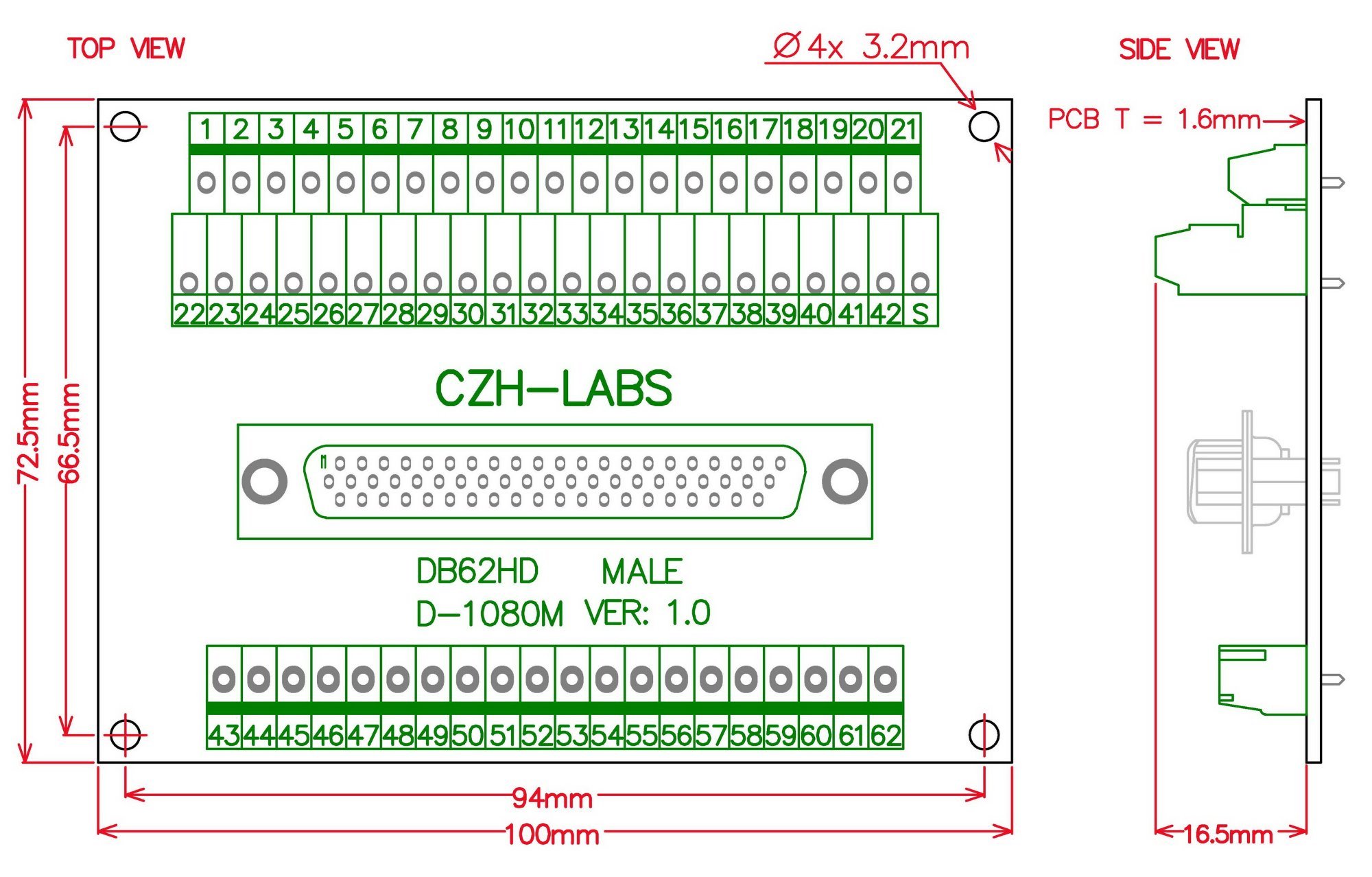 CZH-LABS D-SUB DB62HD Male Header Breakout Board, DSUB.