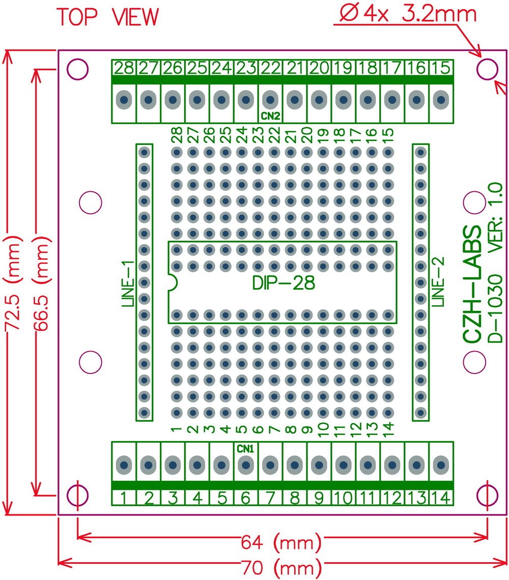 DIP-28 Component to Screw Terminal Block Adapter Board, DIP28 PCB.