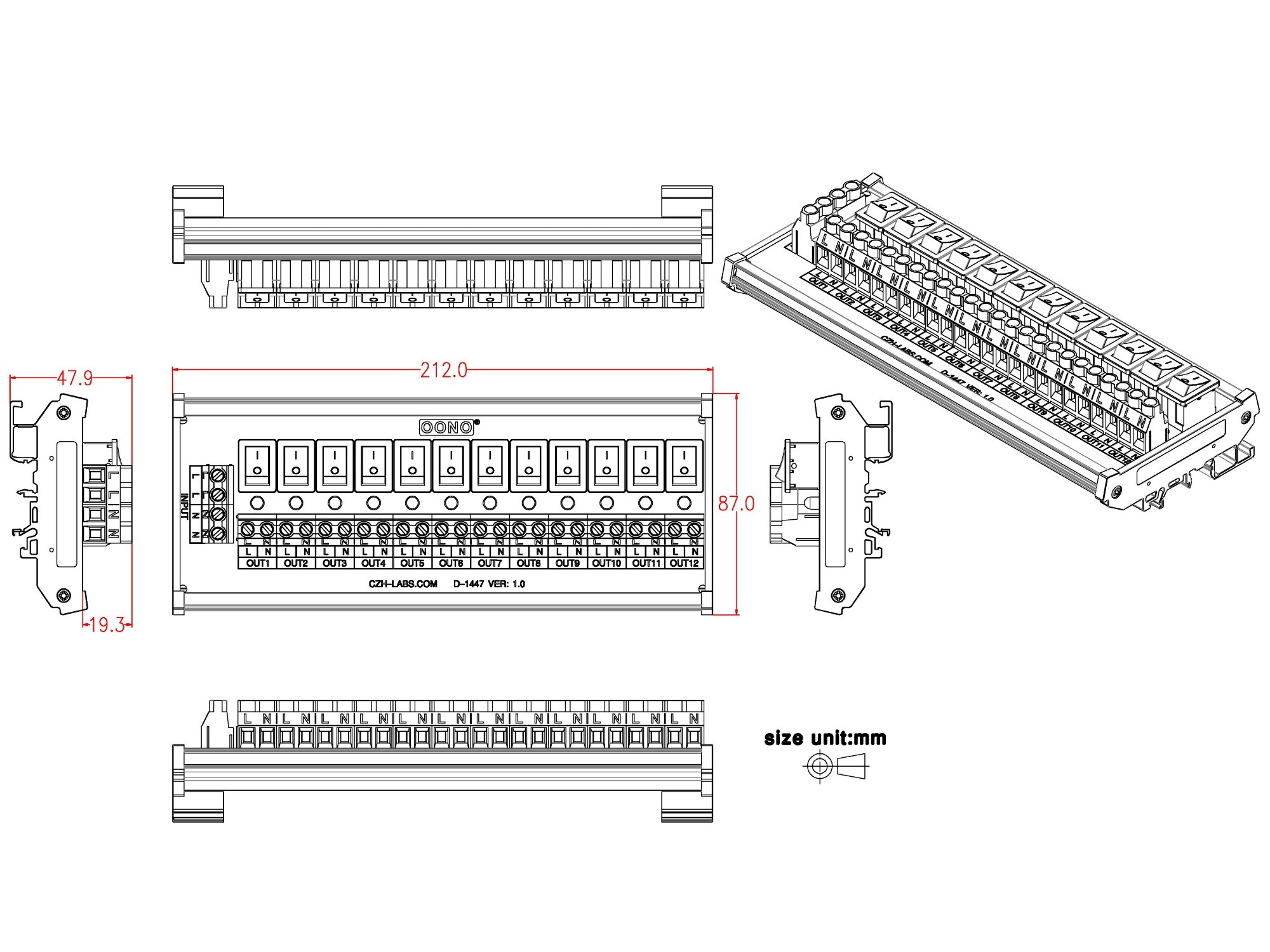 DIN Rail Mount 12 Channel Rocker Switch AC 115V 230V Power Distribution Strip Module