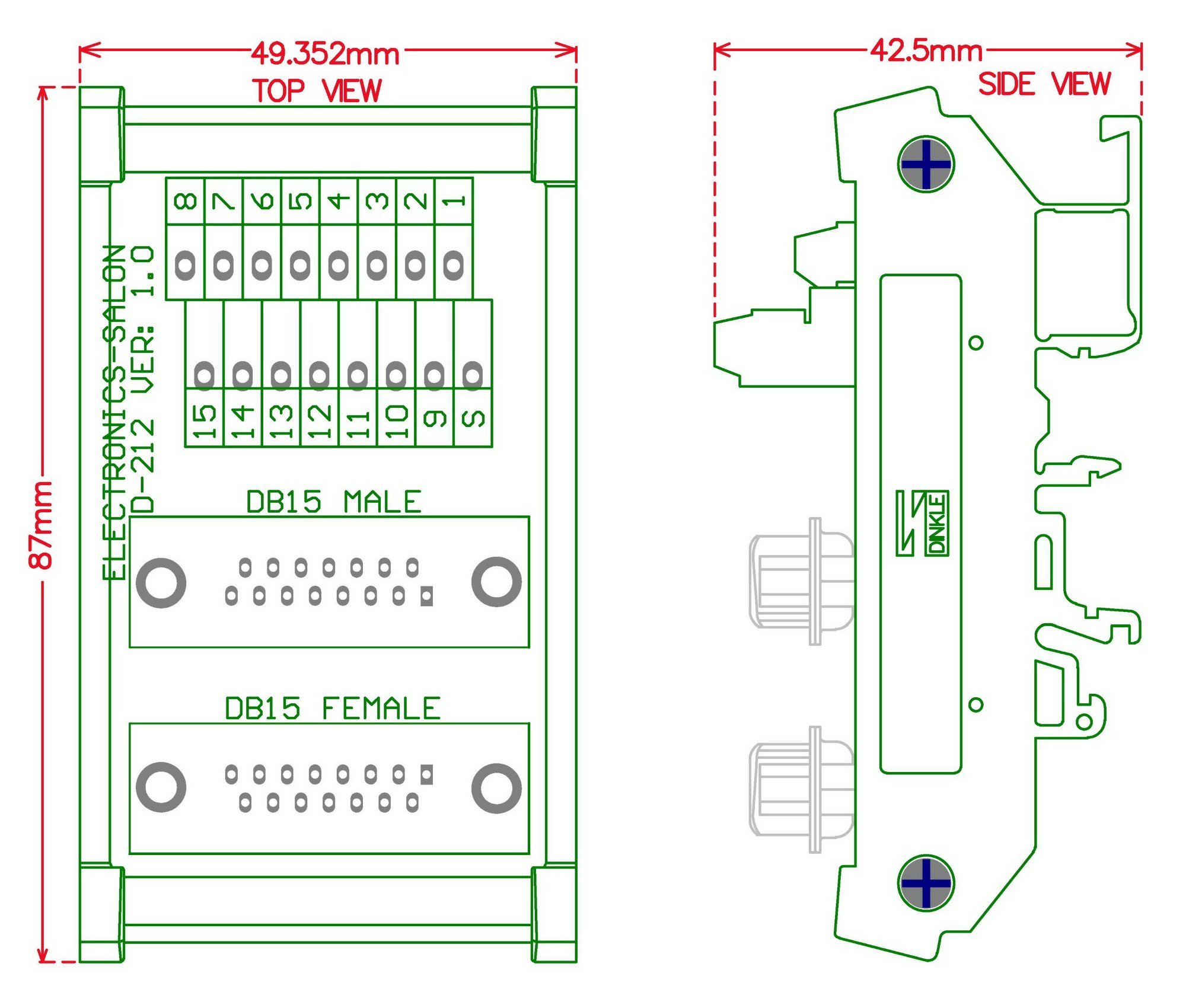 ELECTRONICS-SALON DIN Rail Mount D-SUB DB15 Male/Female Header Interface Module, DSUB Breakout Board.