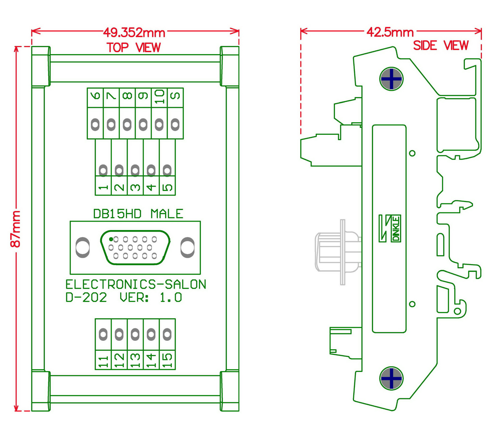 ELECTRONICS-SALON DIN Rail Mount D-SUB DB15HD Male Header Interface Module, DSUB Breakout Board.