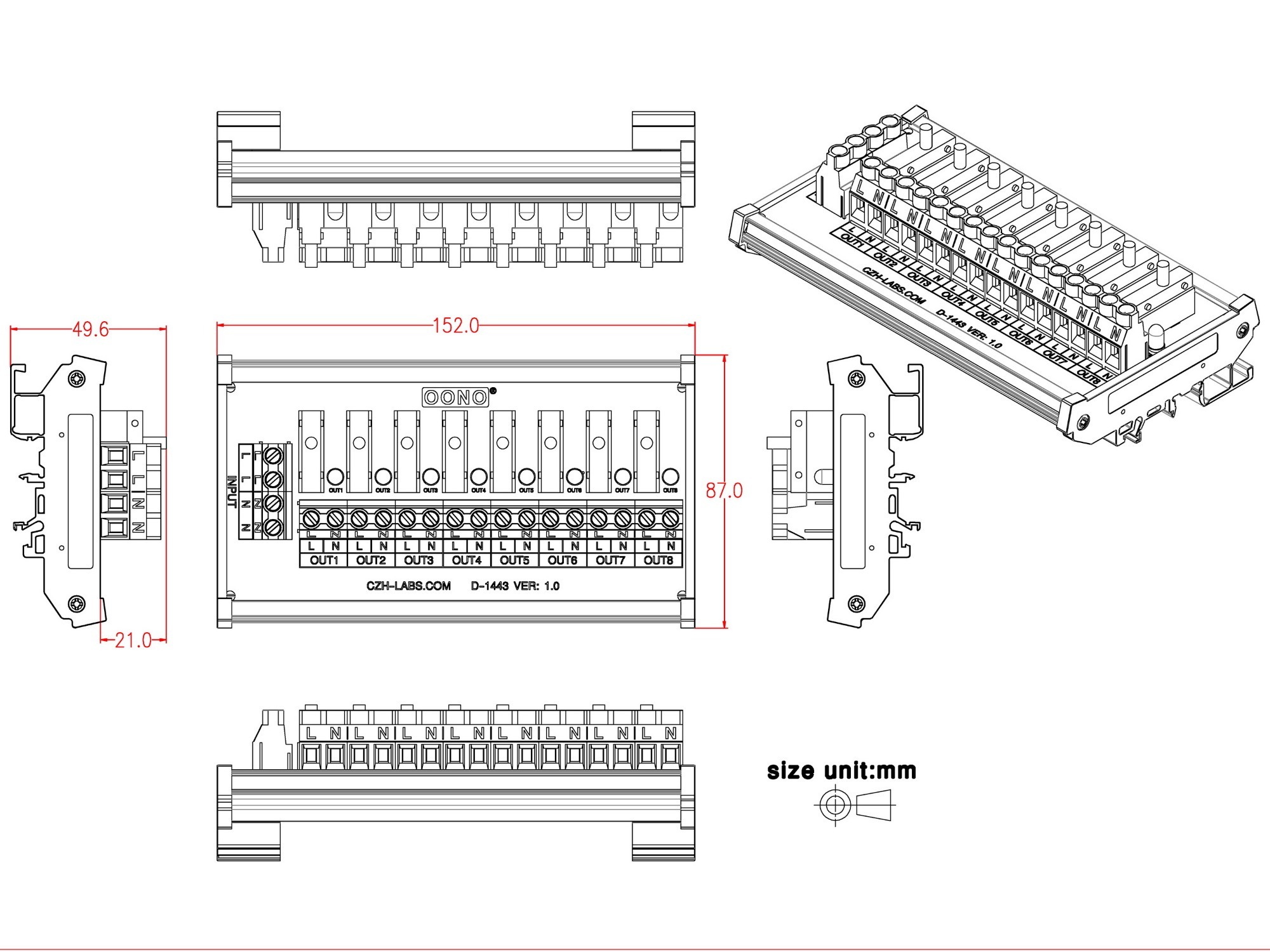 Resettable Thermal Circuit Breaker Overload Protector 8 Channel Power Distribution Module DIN Rail Mount