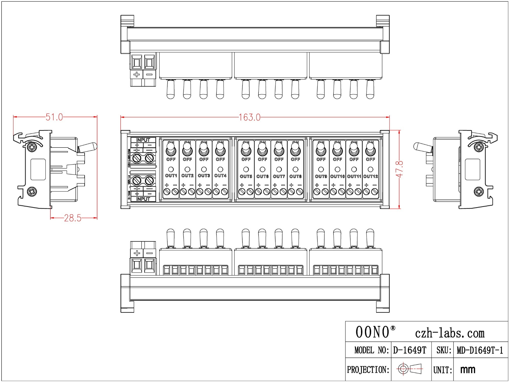 DC 12 Channel Toggle Switch Power Distribution Module, DIN Rail Mount