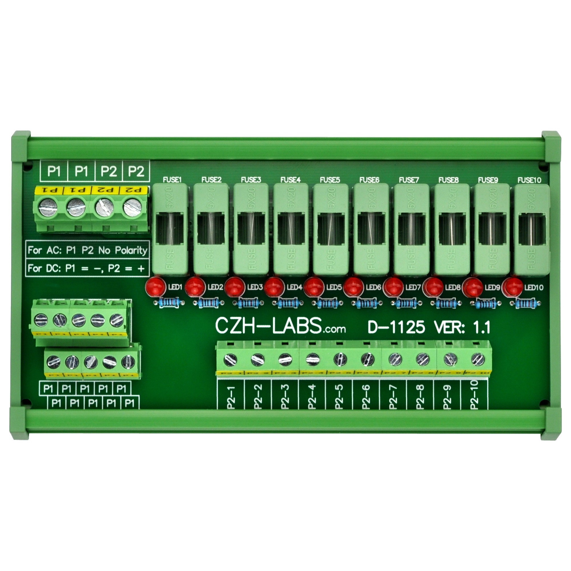 CZH-LABS DIN Rail Mount 80~140VAC 10 Position Power Distribution Fuse Module Board.