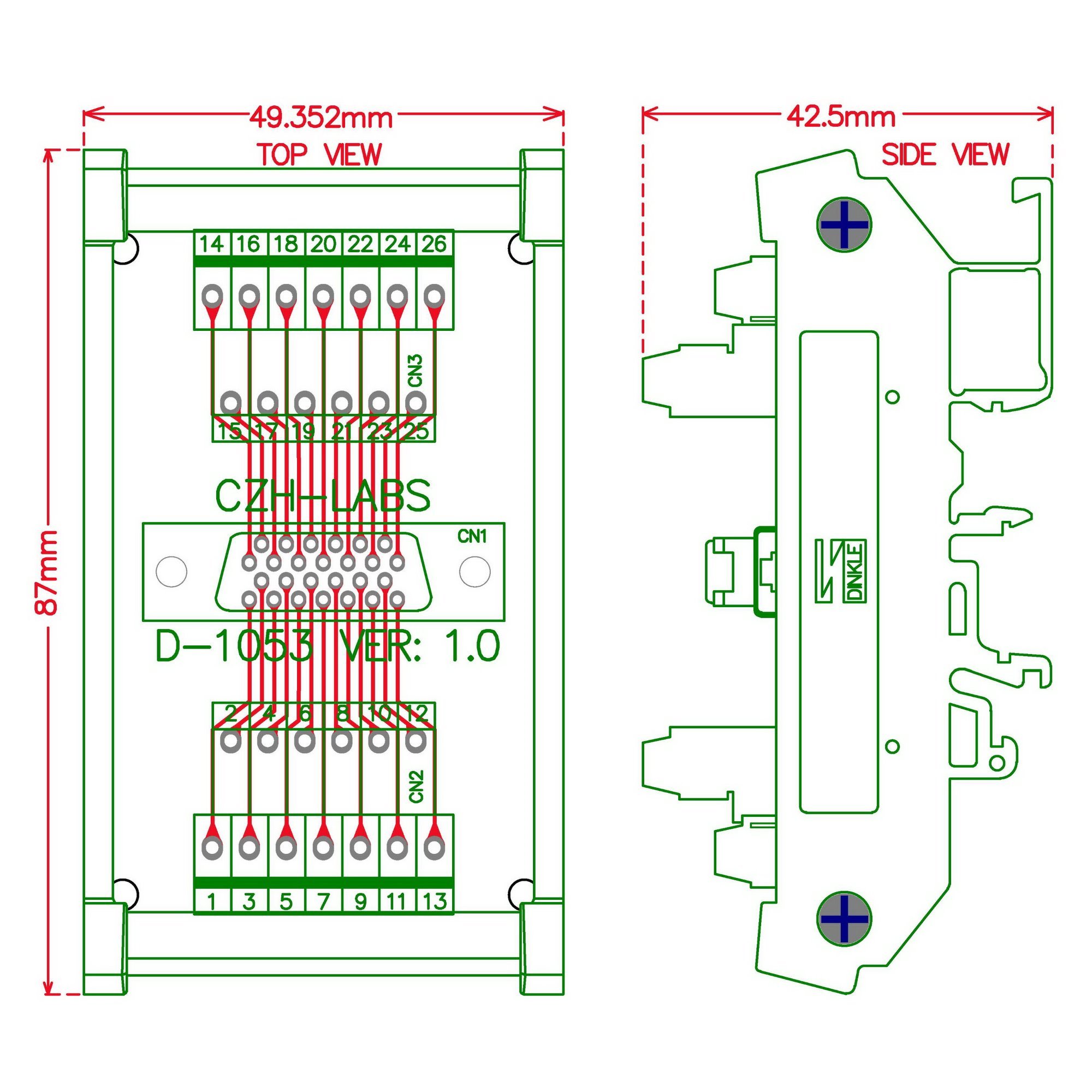 CZH-LABS DIN Rail Mount 26-pin 0.05" Mini D Ribbon/MDR Female Interface Module, SCSI.