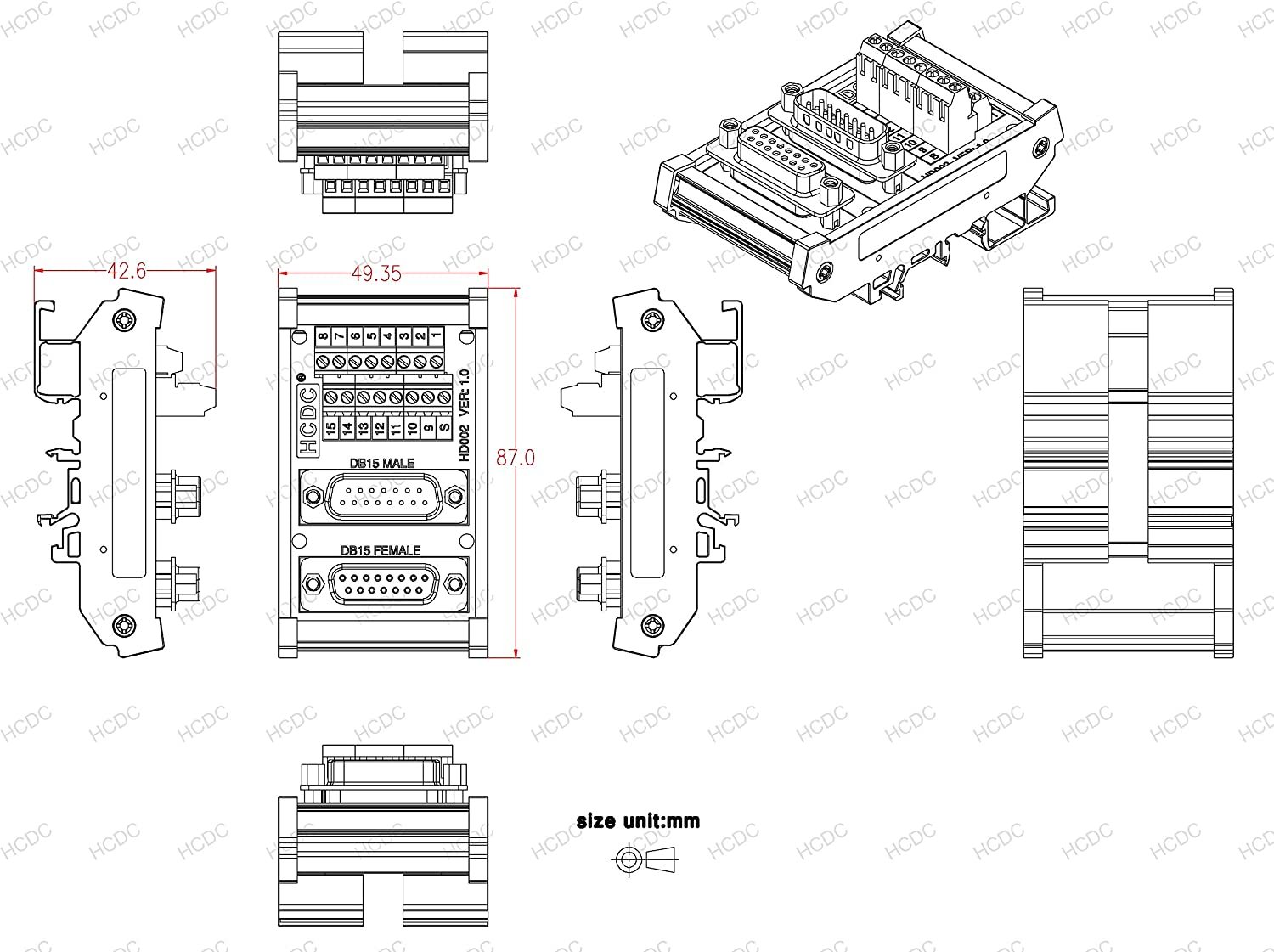 DIN Rail Mount D-SUB Male-Female Interface Module Terminal Block Breakout Board (DB15)