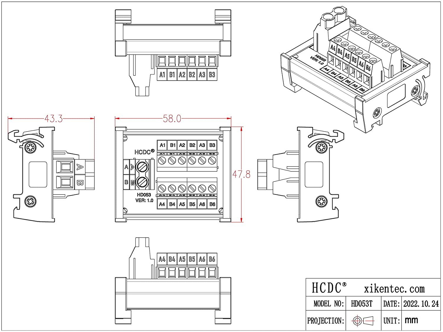 DIN Rail Mount 30Amp 48V 2x6 Position Screw Terminal Block Distribution Module