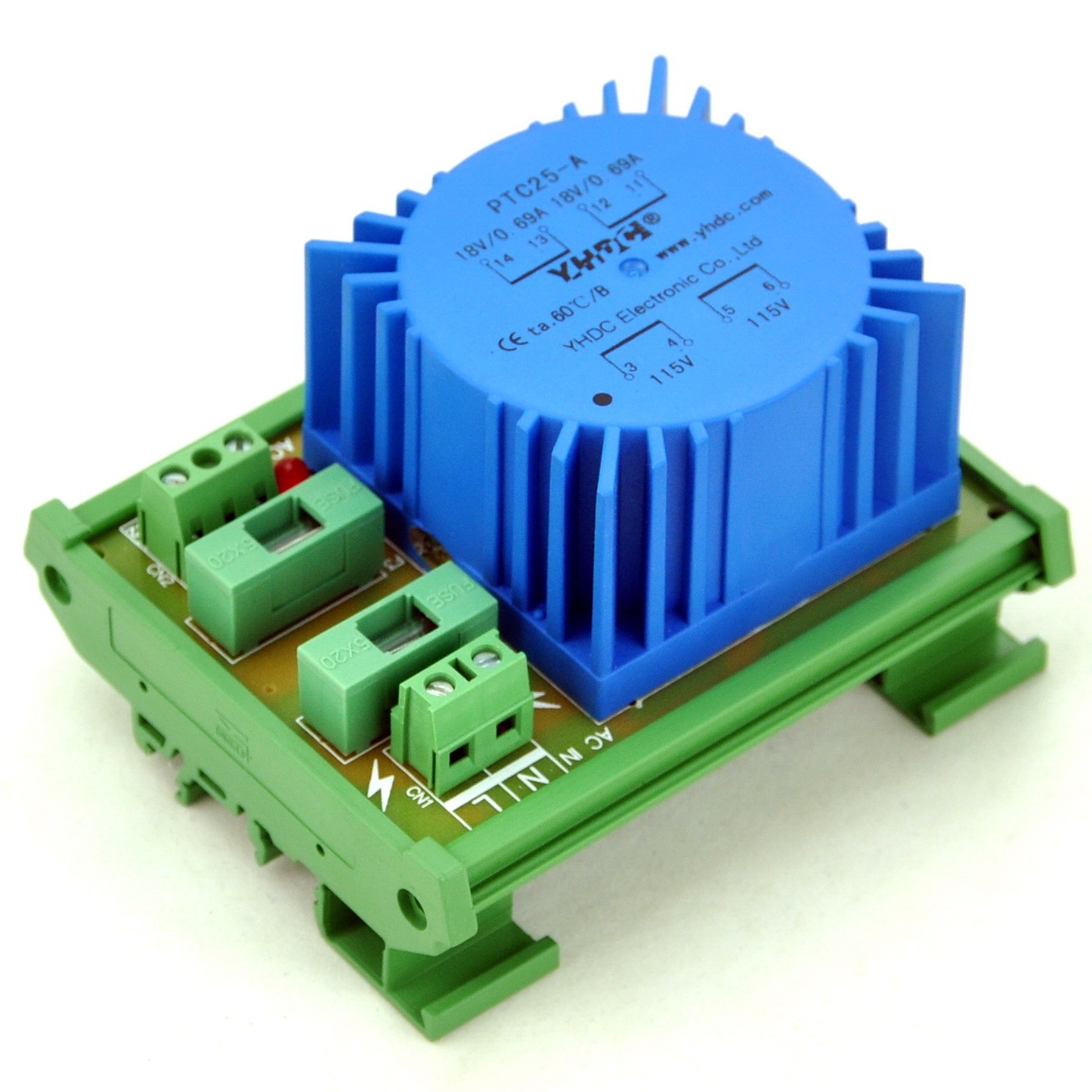 CZH P 115VAC, S 18VAC, 25VA DIN Rail Mount Toroidal Power Transformer Module.