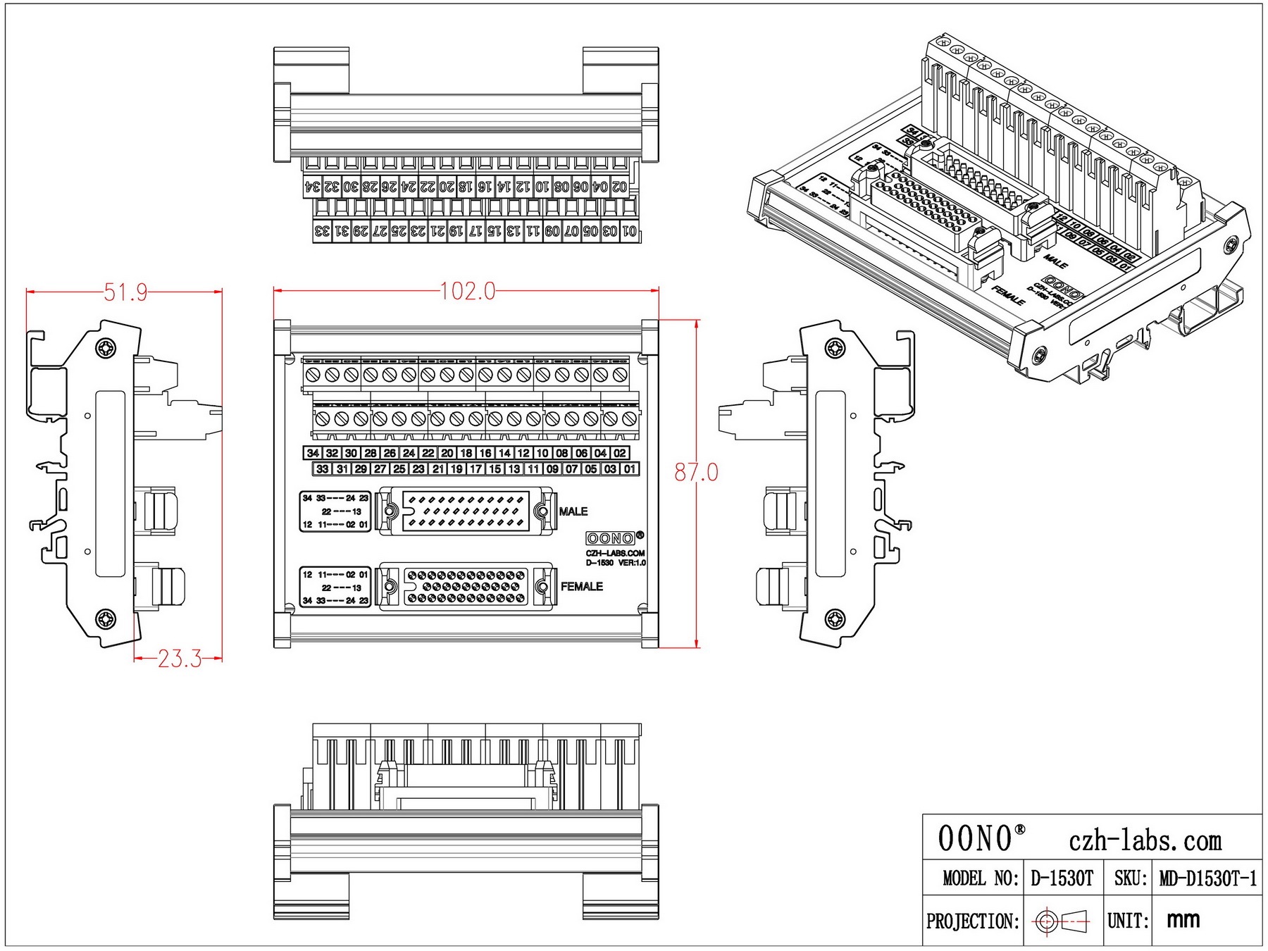 DIN Rail Mount MR34 Male-Female Breakout Board Terminal Block Interface Module, MR-34RMD2 MR-34RFD2