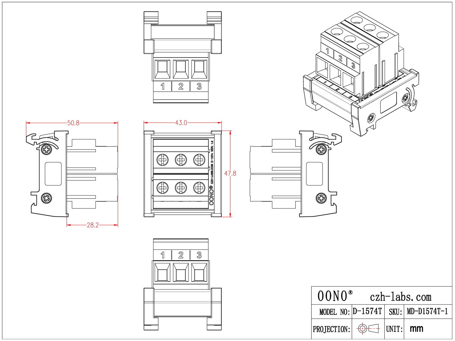 DIN Rail Mount 52Amp 300V 3 Position Screw Terminal Block Distribution Module
