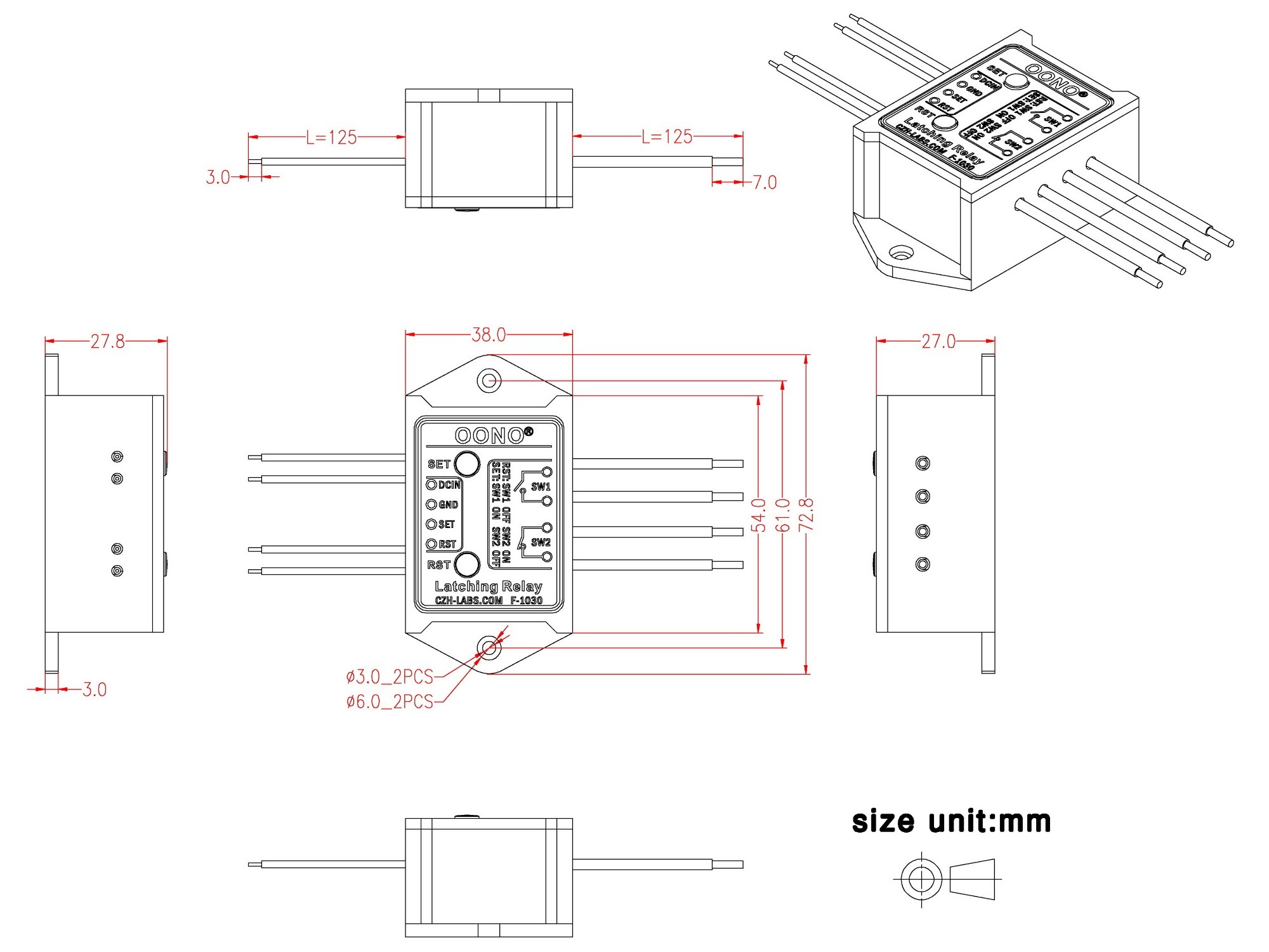 DPST 1NO 1NC 8Amp Latching Relay Module, Version DC24V