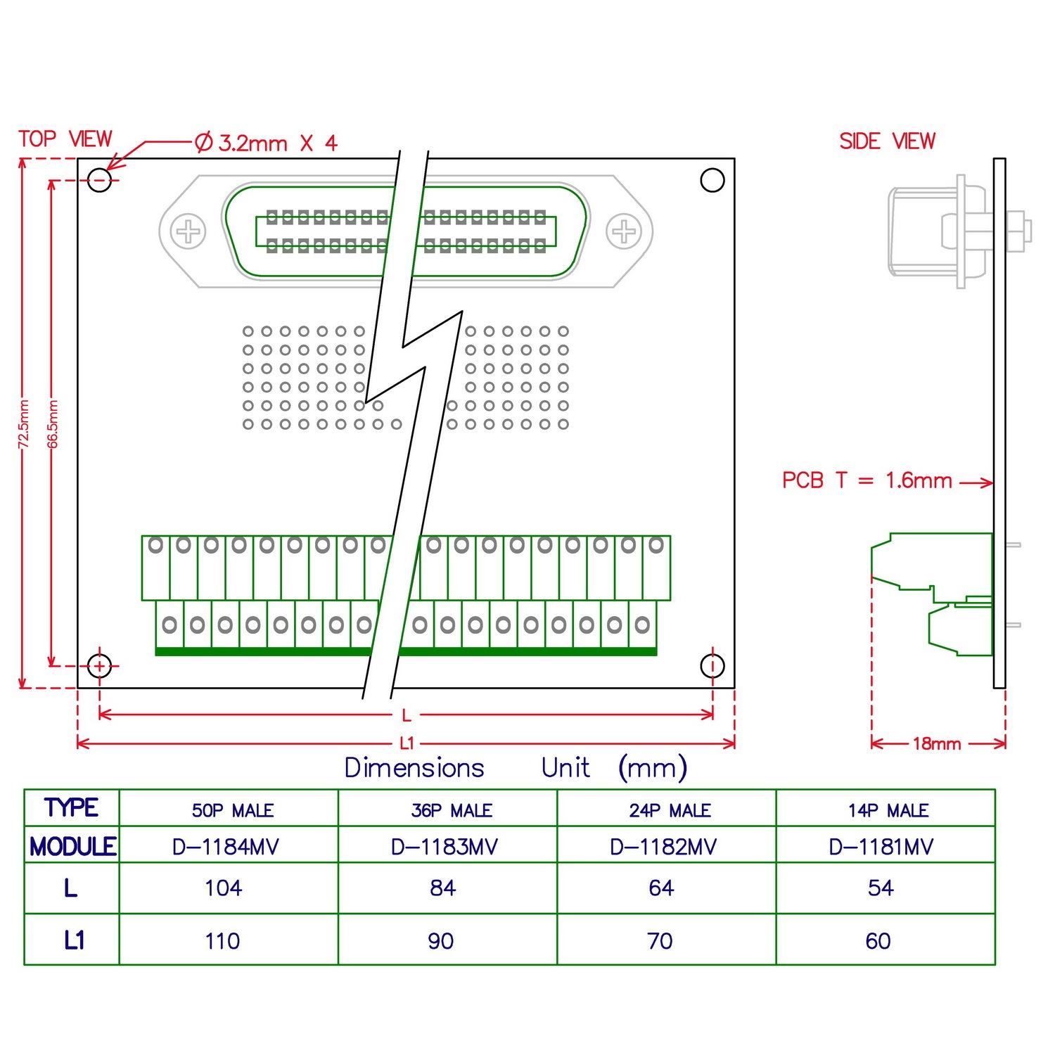 CZH-LABS 36-Pin 0.085" Centronics Vertical Male Ribbon Connector Screw Terminal Block Breakout Board.