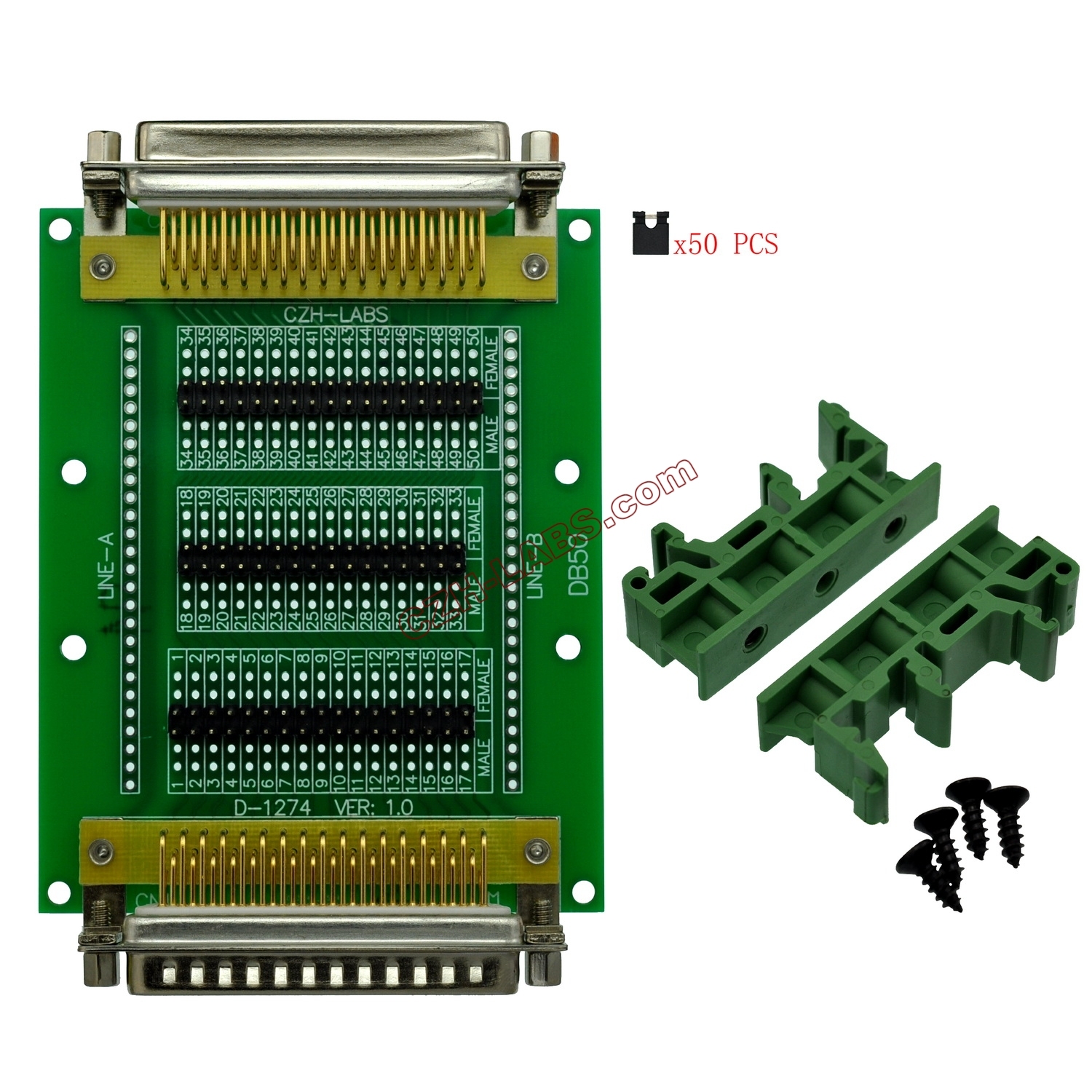 CZH-LABS DIN Rail Mount D'sub DB50 Diagnostic Test Breakout Board, DSUB DB50 Connector Male to Female.
