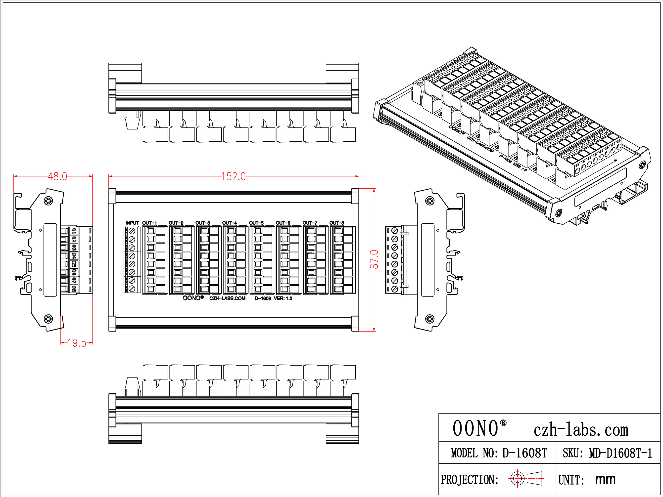 DIN Rail Mount 10A/300V 8x8 Pole Pluggable Screw Terminal Block Distribution Module