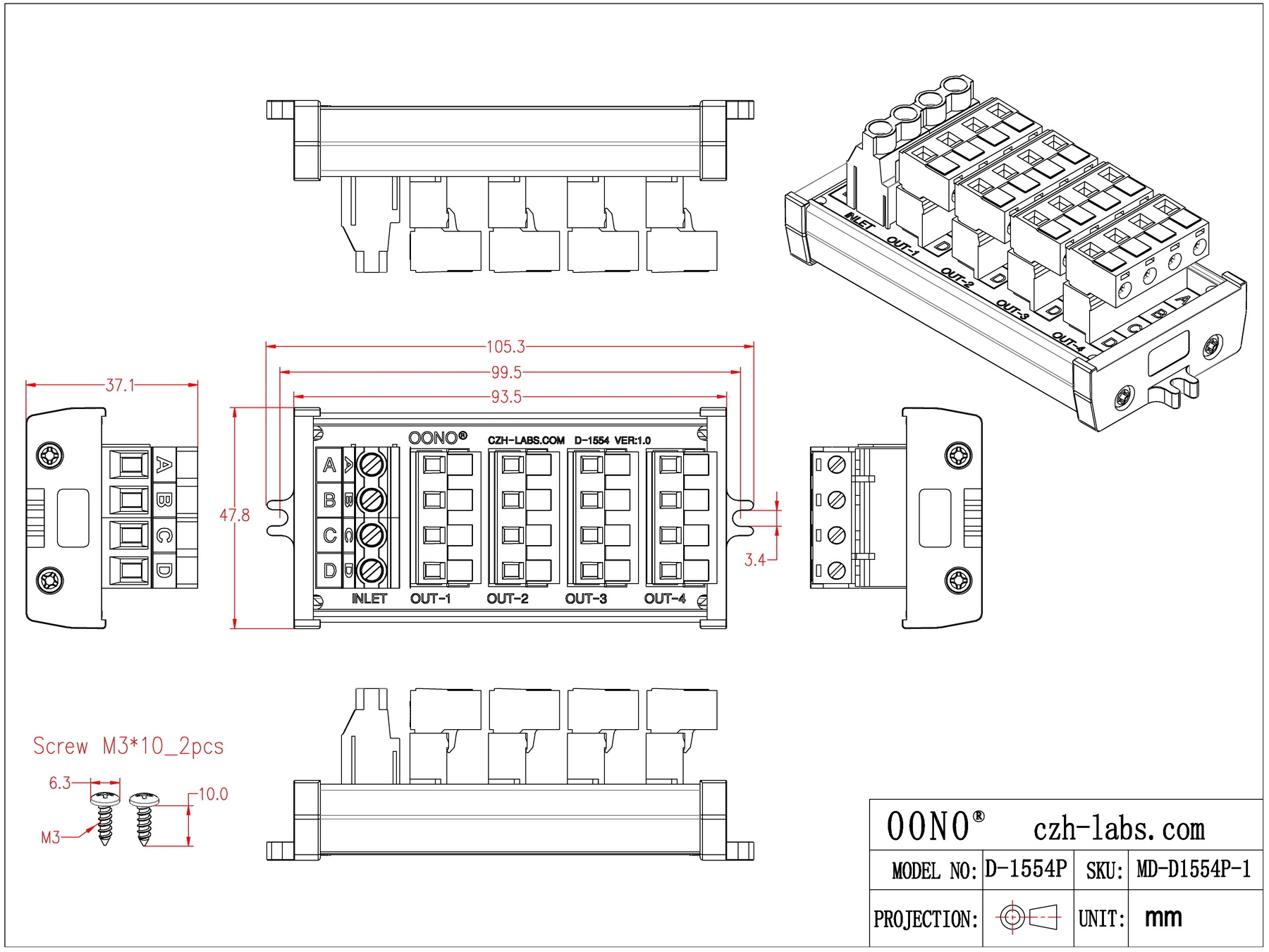Screw Mount 30A/300V 4x4 Position Pluggable Terminal Block Distribution Module, OONO D-1554P