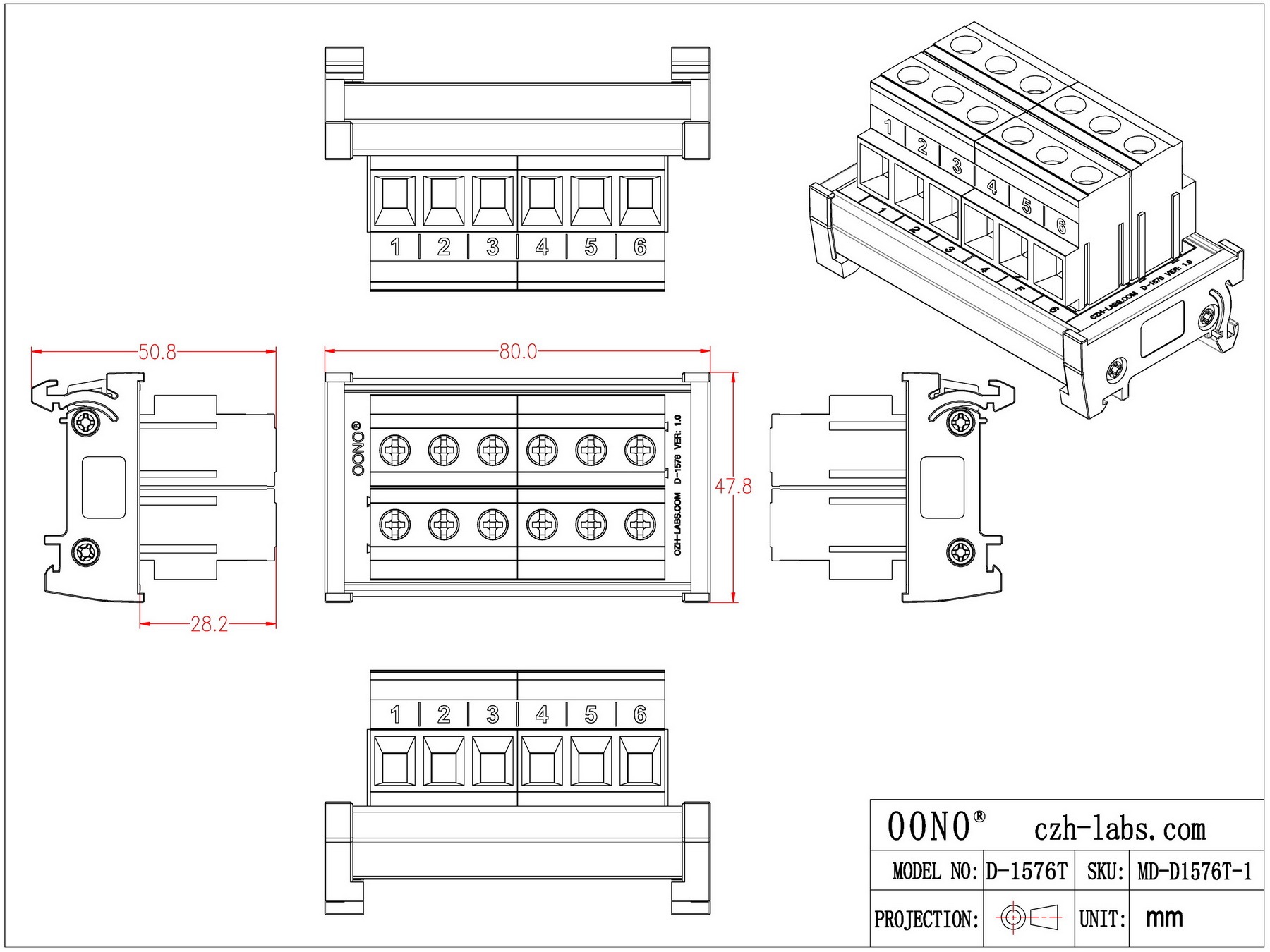 DIN Rail Mount 52Amp 300V 6 Position Screw Terminal Block Distribution Module