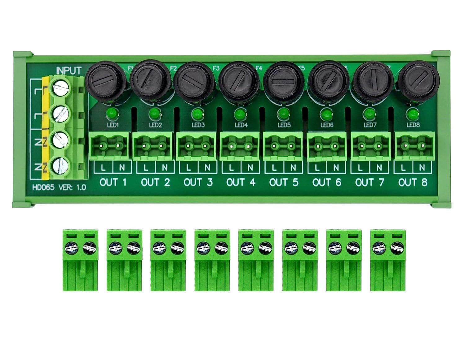 DIN Rail Mount AC 24-250V 8 Channel Pluggable Top Wiring Terminal Block Power Distribution Fuse Module, HCDC HD065VT