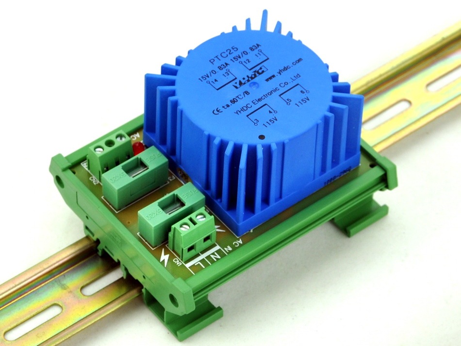 CZH P 230VAC, S 15VAC, 25VA DIN Rail Mount Toroidal Power Transformer Module.