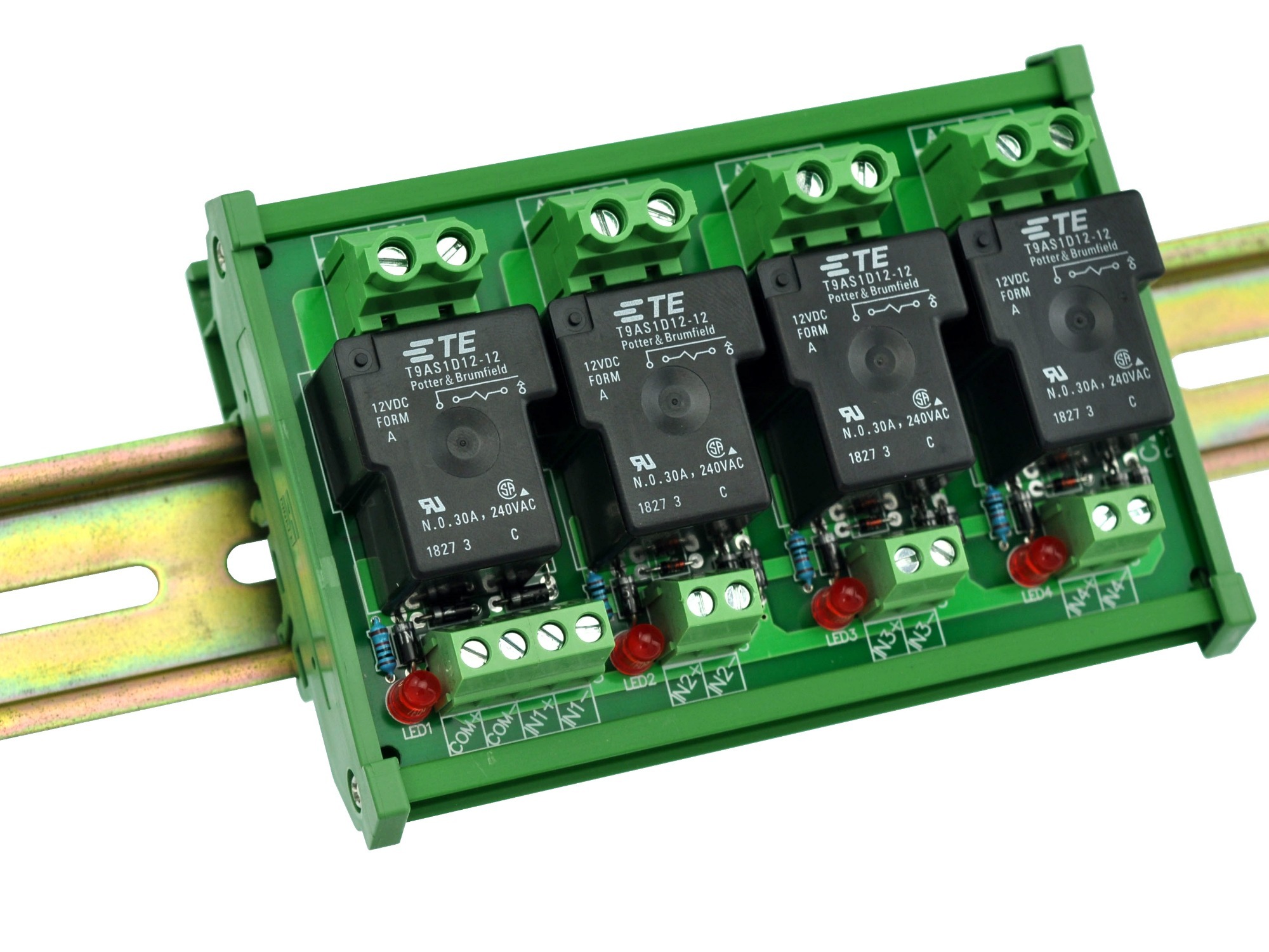 CZH-Labs DIN Rail Mount 12V Passive 4 SPST-NO 30Amp Power Relay Module.