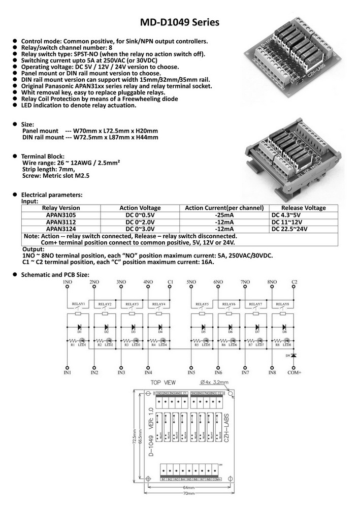 CZH-LABS Slim Panel Mount DC12V Sink/NPN 8 SPST-NO 5A Power Relay Module, APAN3112