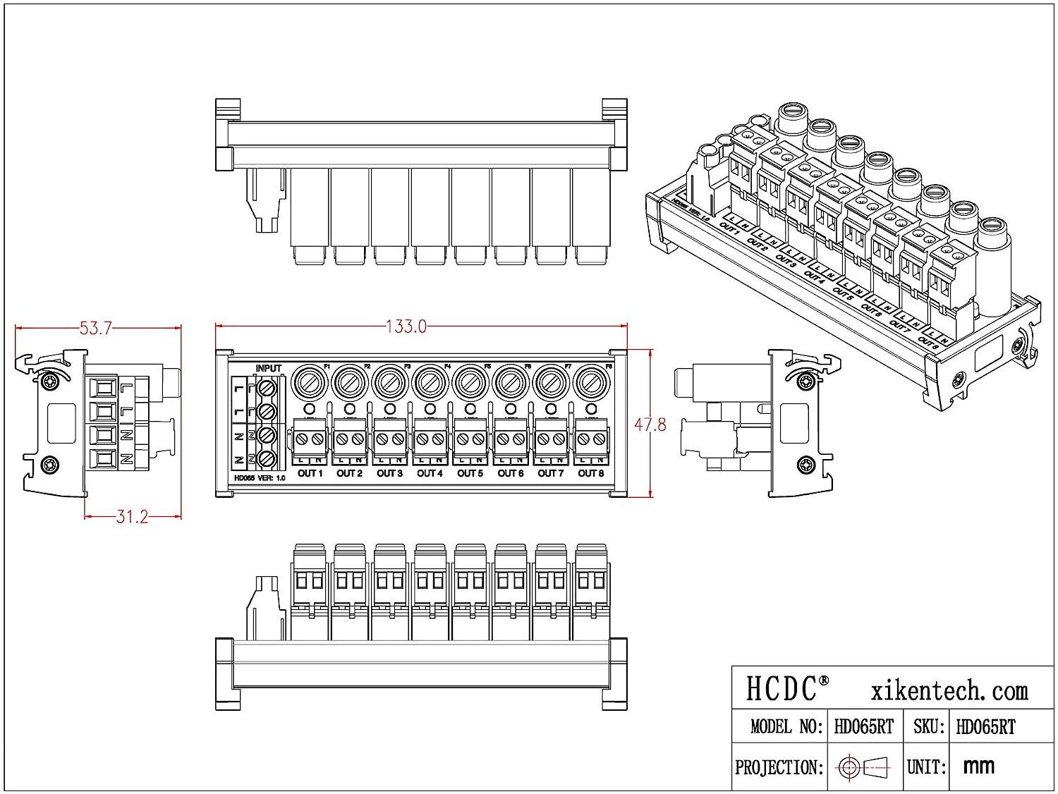 DIN Rail Mount AC 24-250V 8 Channel Pluggable Side Wiring Terminal Block Power Distribution Fuse Module, HCDC HD065RT