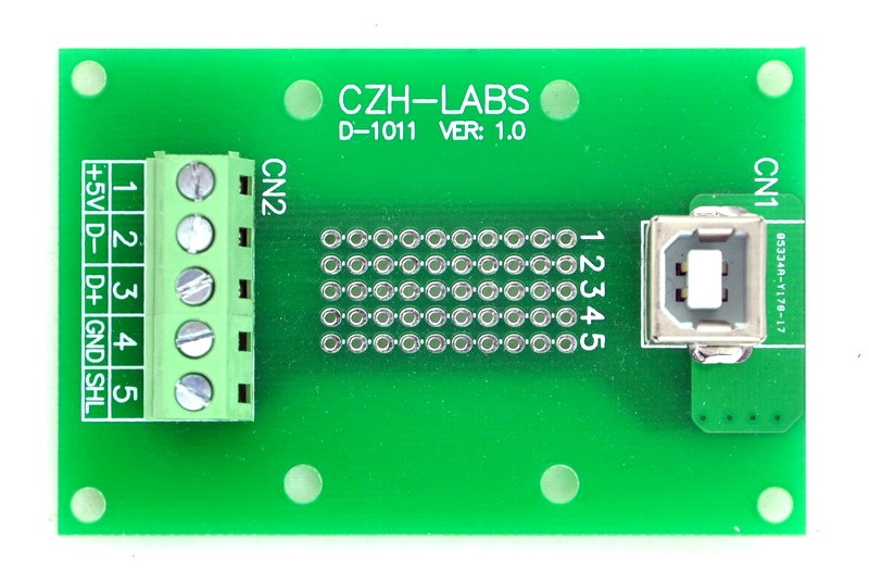 CZH-LABS USB Type B Female Vertical Jack Breakout Board, Terminal Block Connector.