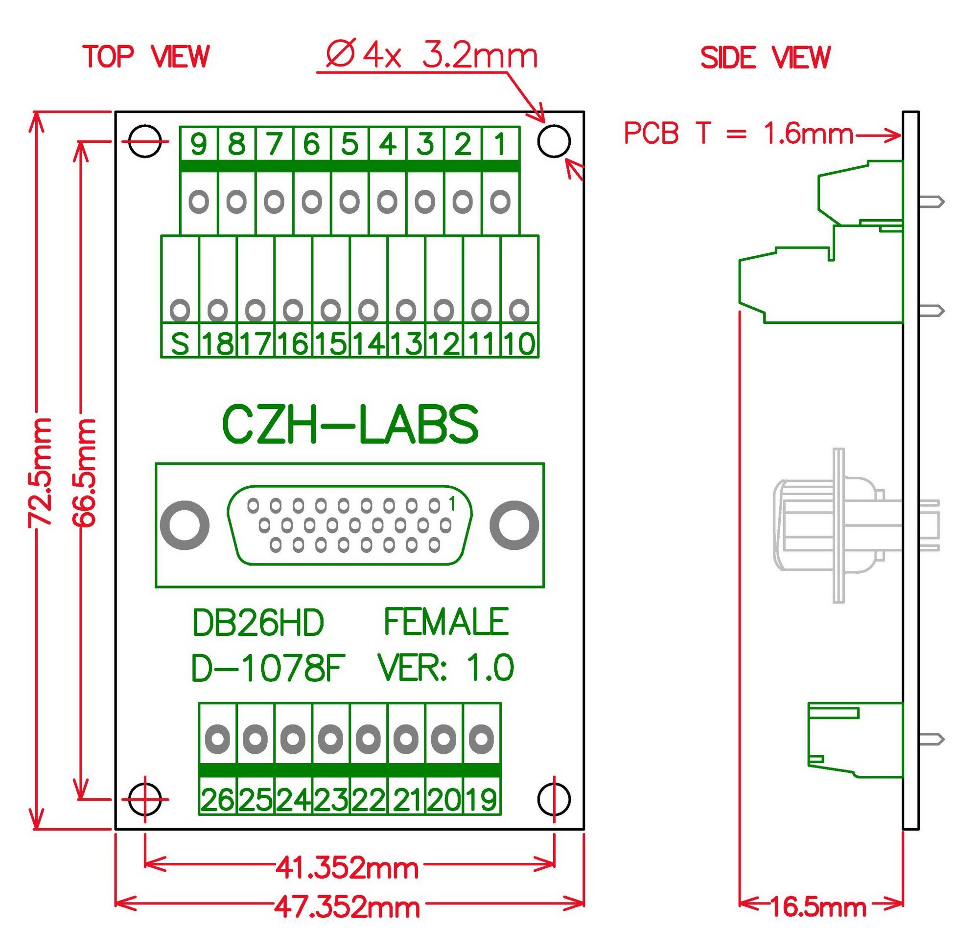 CZH-LABS DIN Rail Mount D-SUB DB26HD Female Header Interface Module, DSUB Breakout Board.