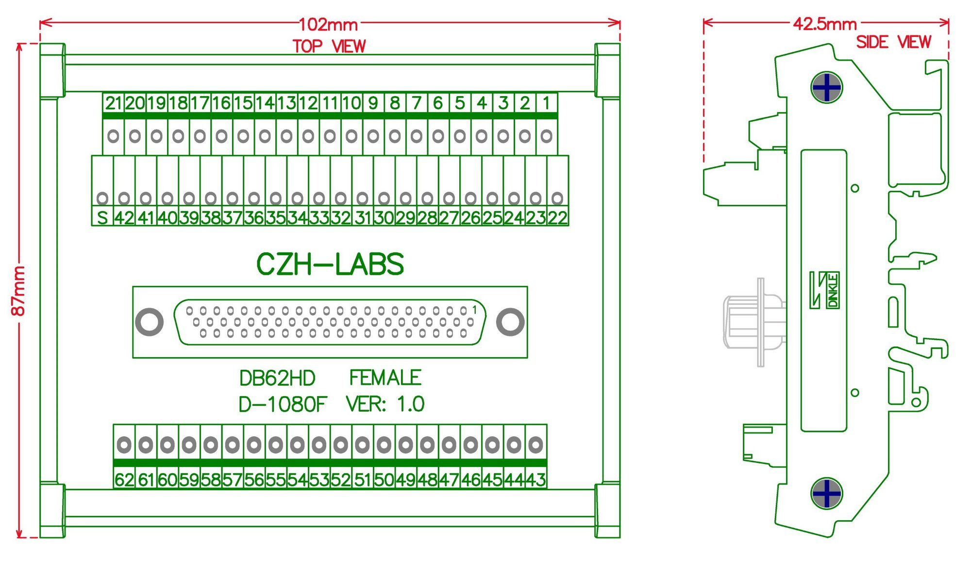 CZH-LABS DIN Rail Mount D-SUB DB62HD Female Header Interface Module, DSUB Breakout Board.