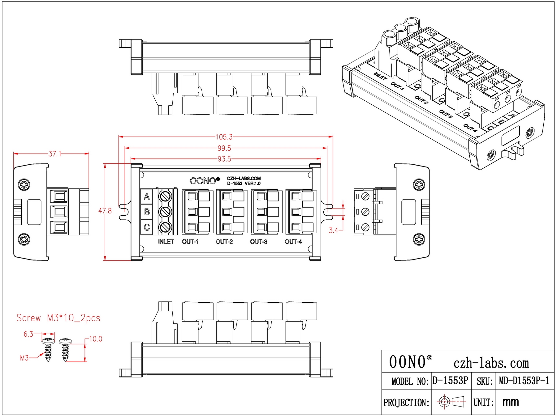 Screw Mount 30A/300V 4x3 Position Pluggable Terminal Block Distribution Module, OONO D-1553P