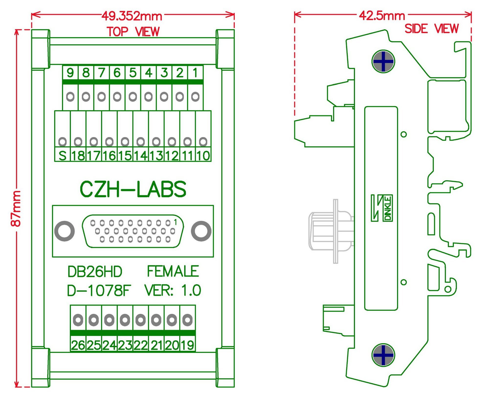 CZH-LABS DIN Rail Mount D-SUB DB26HD Female Header Interface Module, DSUB Breakout Board.