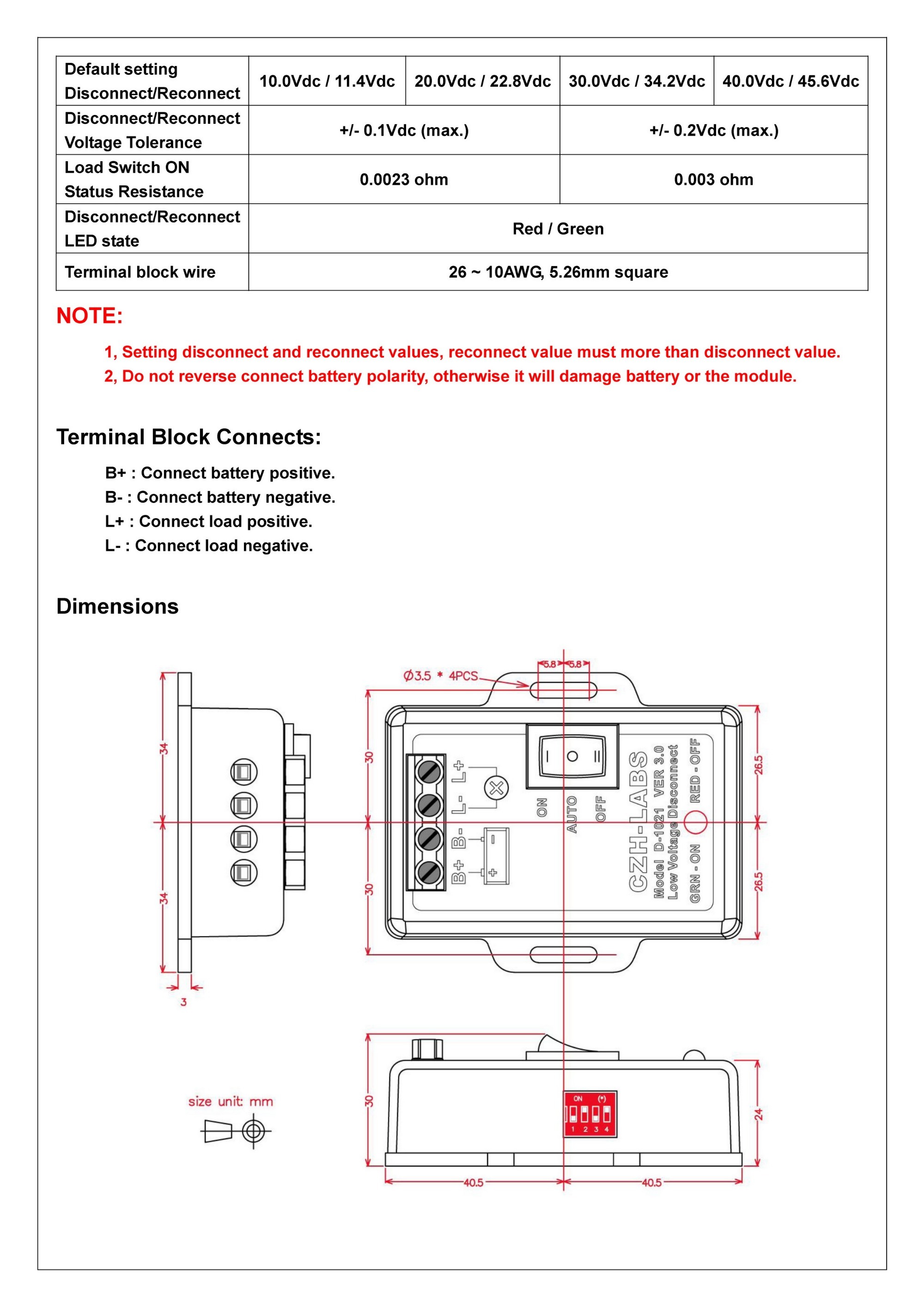 CZH-LABS Low Voltage Disconnect Module LVD, 24V 30A, Protect/Prolong Battery Life.