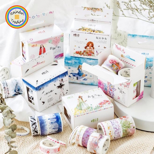 YWJL287 8 Rolles in 6 Designs Fairy Tale Dream Series Girl Hand Account Photo Album DIY Functional Washi Paper Masking Stickers Tapes Rolls