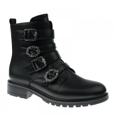 fashion hot selling women black stylish flat military boots shoes with buckle straps