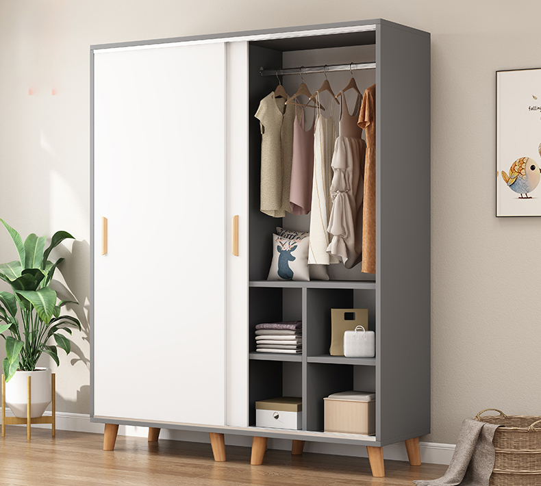 Wardrobe Solid Wood Modern Simple Household Bedroom Sliding Door Wardrobe Simple Hanging Closet