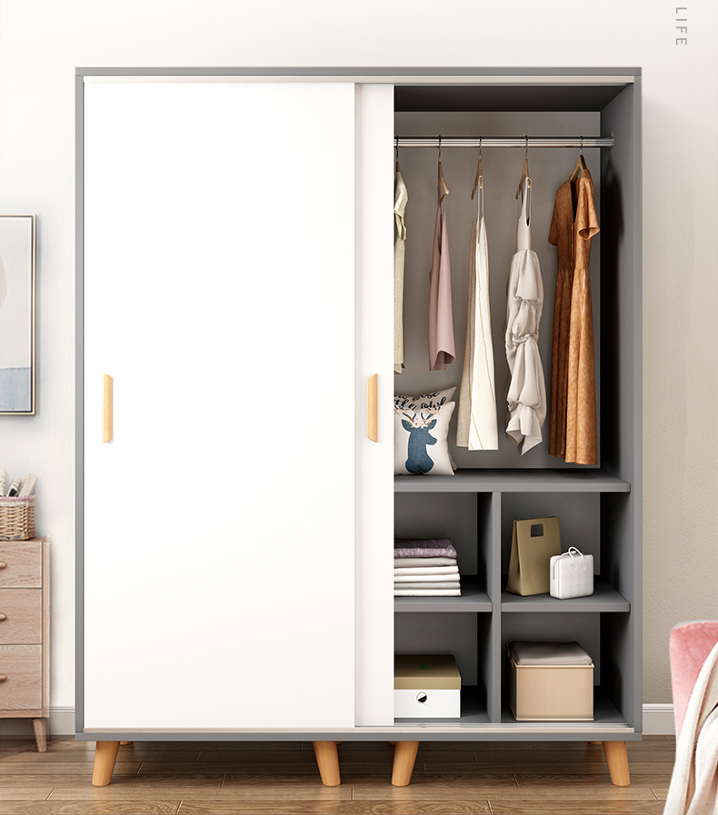 Wardrobe Solid Wood Modern Simple Household Bedroom Sliding Door Wardrobe Simple Hanging Closet
