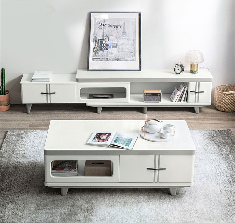 Simple Modern TV Cabinet Tea Table Combination Retractable Living Room Glass White TV Cabinet/TV Stand