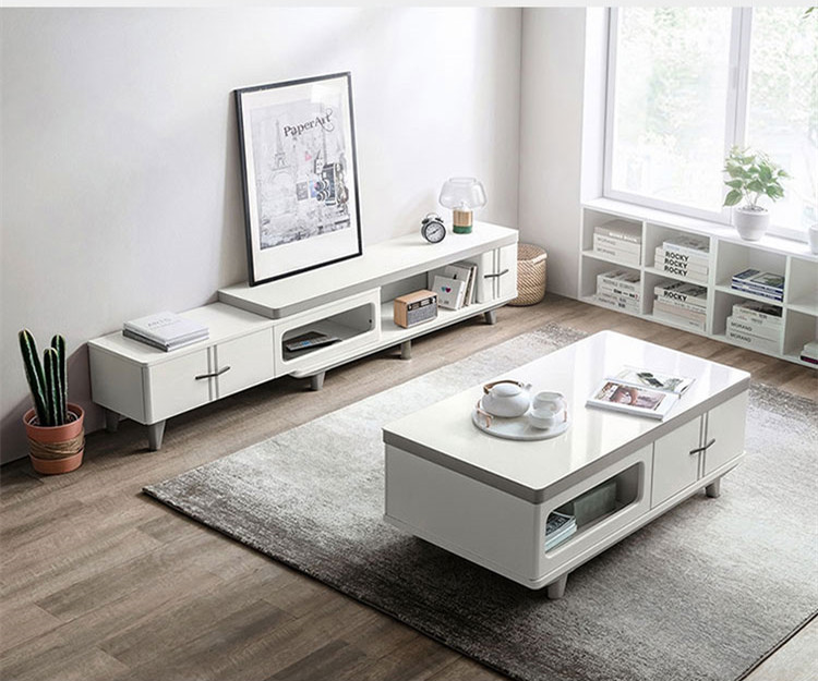 Simple Modern TV Cabinet Tea Table Combination Retractable Living Room Glass White TV Cabinet/TV Stand