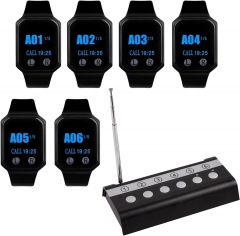 Wireless Restaurant Paging System with 6 Waiter Watches/1 Call Button, Fast Alert Buzzer for Dish Pickup, Chef Calls, Food Service – Diner, Cafe, Catering Staff Communication