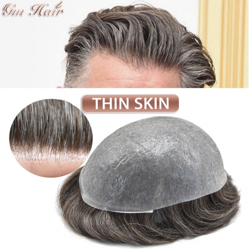 GM Hairpiece Mens Toupee 0.06mm Ultra Thin Skin Hair systems For Men Invisible V-looped Transparent Healthy Skin Natural Hairline Mens Hairpieces