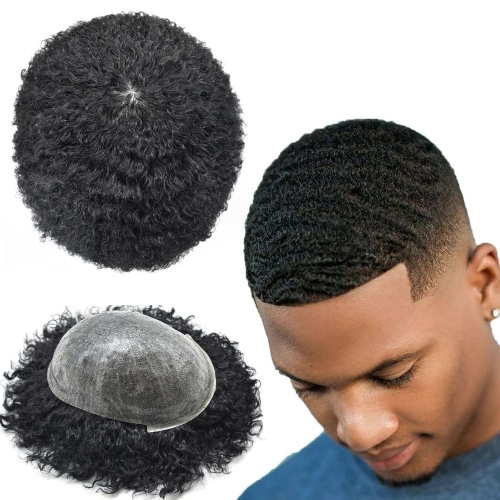 Afro Toupee For Black Men Injected PU Full Thin Skin 100% Human hair Kinky Curly Hair Units African American Mens Hairpieces