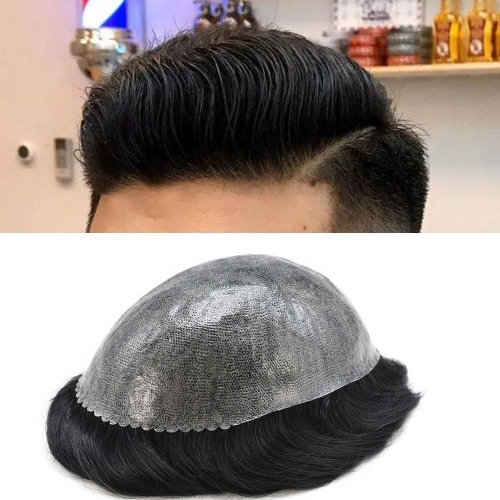 Mens Toupee Hairpiece European Human Hair Replacement Systems Soft Thin Skin Full Poly Durable Wig Units for Men